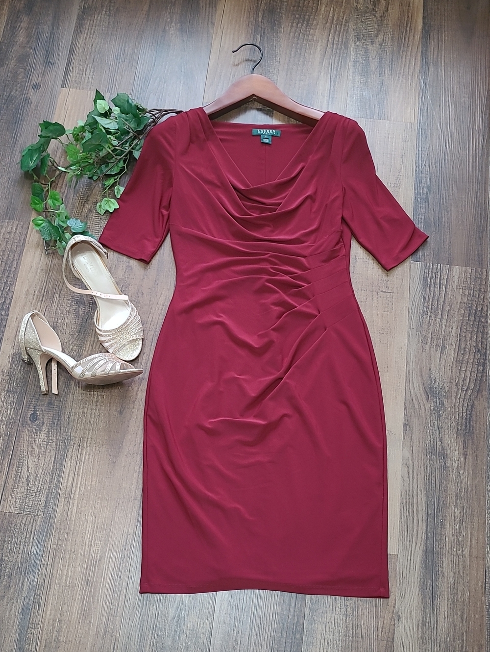 Ralph Lauren Deep Burgundy Drape Midi Dress